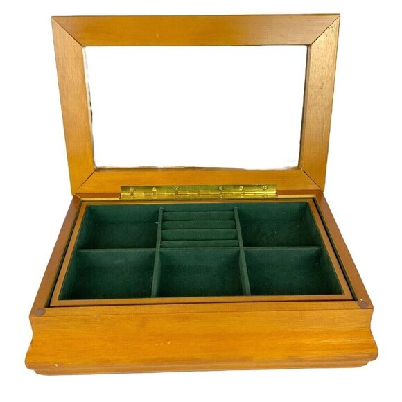 Blonde Wood Jewelry Box Burl Veneer Lid 2 Tiers Velvet Lining Mirror 1980s - Picture 4 of 10